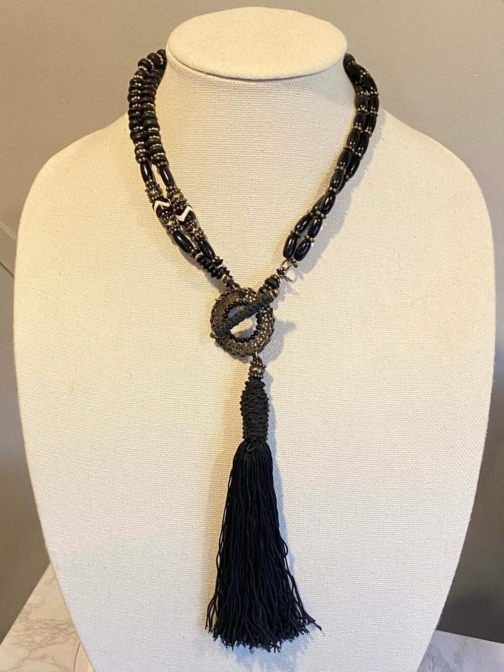 Art deco Beaded Toggle Tassle  Black Beaded Necklace